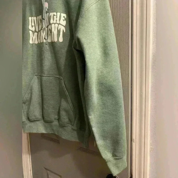 Unisex pullover sweatshirt hoodie with LIVE IN THE MOMENT in green with white - Picture 3 of 7